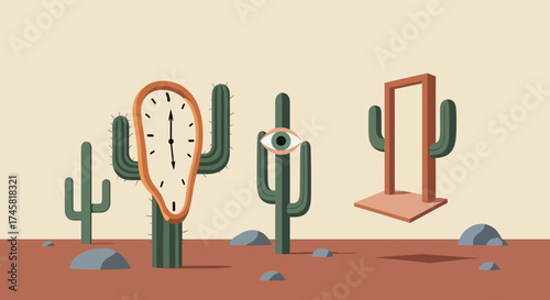 Surreal Desert Landscape with Melting Clock, Eye Cactus, and Floating Doorway.