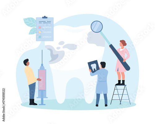 Caries treatment, stomatology vector illustration. Cartoon tiny dentists take care giant human tooth, people examine plaque on enamel of tooth with magnifying glass and xray, treat dental problems