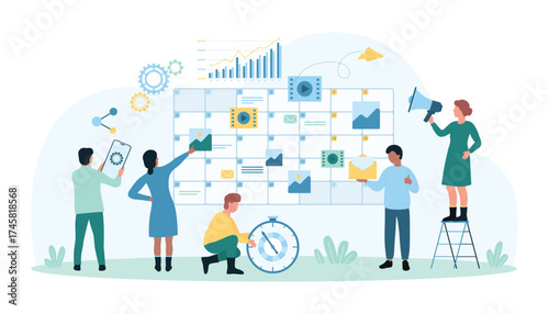 Content plan creation vector illustration. Cartoon people research and create schedule of publication in social media in calendar, strategy and planning for marketing advertising and brand promotion