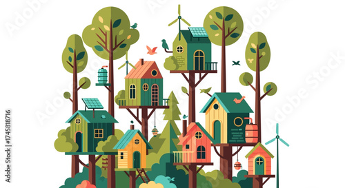 Sustainable Treehouse Village with Green Energy Solutions.