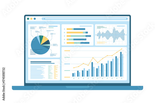 Business data analysis and monitoring vector illustration. Cartoon isolated laptop desktop with finance support service, infographic graph of stock market report, automation of chart analysis