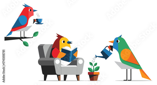 Three colorful birds enjoying leisure activities in a cozy setting.