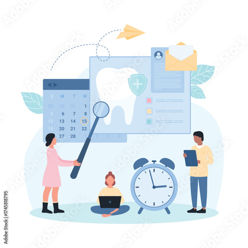 Dental appointment and checkup in hospital, stomatology vector illustration. Cartoon tiny dentists with medical tools check tooth, schedule and online reminder with calendar for patient consultation