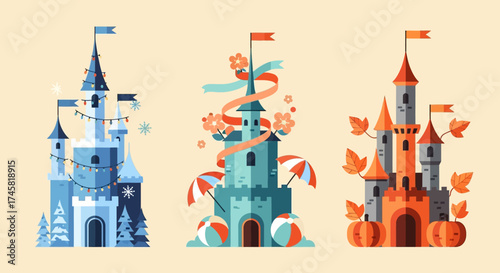 Three colorful cartoon castles with flags and decorations on a light background.