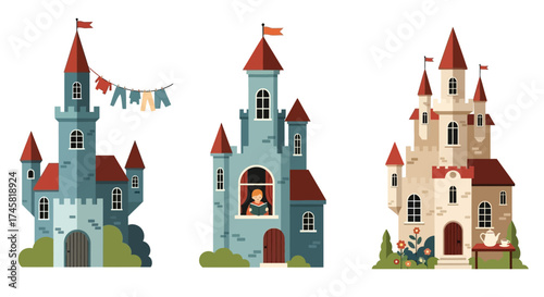 Three colorful castles with red roofs and flags on a white background.