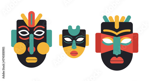 Three colorful tribal masks with geometric patterns and vibrant hues.