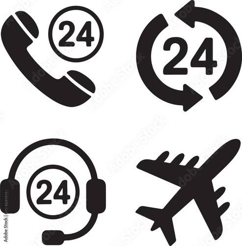 Twenty four hour service black icons for business support concept