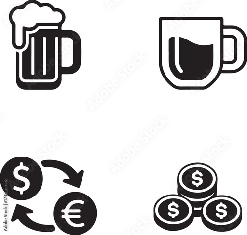 Symbolic Black and White Icons Representing Beverages Finance and Economy