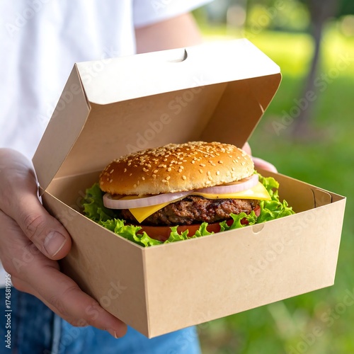 A cardboard burger box held in hands, featuring a fresh burger