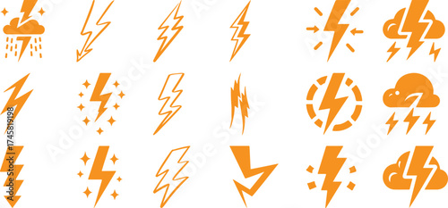 Collection of Orange Lightning Bolt Icons and Weather Symbols