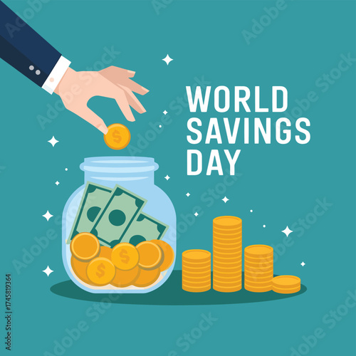 Vector art of world savings day concept with a hand dropping a coin into a glass jar filled with money, alongside stacks of coins, promoting financial prudence