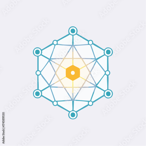 Abstract geometric network structure with interconnected nodes and a central glowing hexagon.