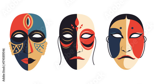 Three vibrant tribal masks with distinct patterns and colors.