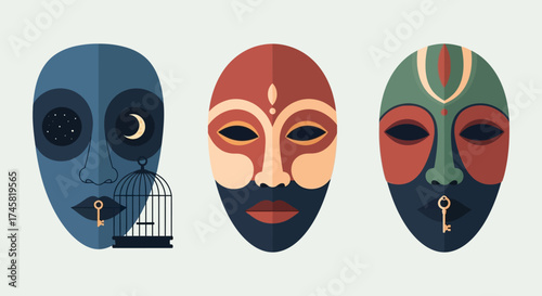 Three tribal masks with symbolic elements and keys.