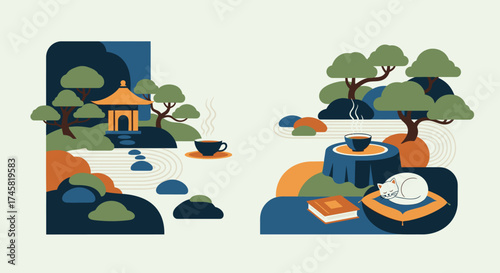 Tranquil Japanese Garden and Tea Ceremony Vector Illustrations.