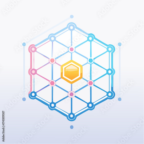 Abstract digital network with a central golden hexagon and interconnected nodes.