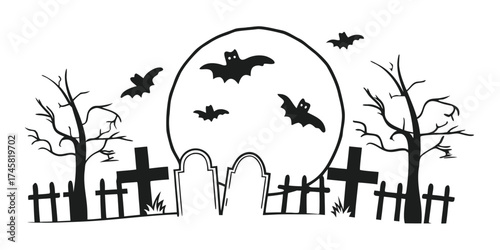 Halloween night graveyard silhouette vector with tombstones, bats, ghosts, moon, and creepy trees — ideal for horror background design, spooky October artwork, haunted poster themes, and scary vector 