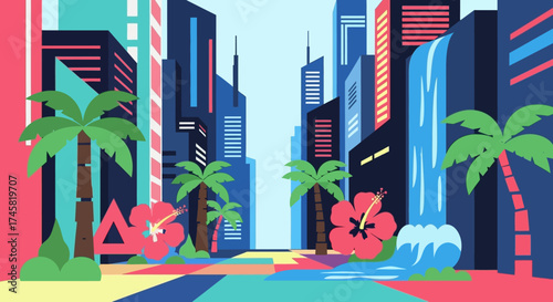 Tropical Cityscape with Palm Trees and Hibiscus Flowers.