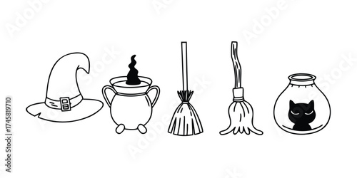 Witch silhouette vector pack with broomstick, cauldron, hat, potion bottle, and black cat — perfect for Halloween design, horror poster, magical artwork, spooky clipart, and October theme illustration