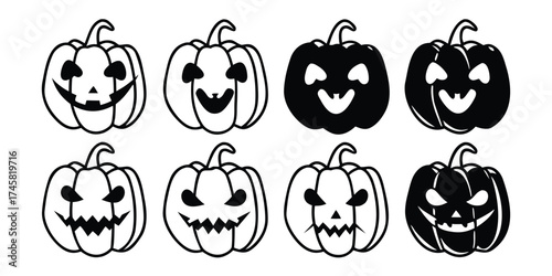 Pumpkin face silhouette icons set featuring scary, funny, and cute jack-o’-lantern expressions — perfect for Halloween design, spooky artwork, vector clipart, poster decoration, and October seasonal 