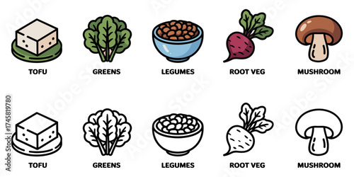 plant-based staples icon set with tofu, greens, legumes, root vegetable and mushroom symbols, vector illustrations for vegan food ingredients