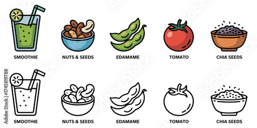 healthy snacks and superfoods icon set with smoothie, nuts, edamame and chia seeds symbols, vector illustrations for nutritious plant-based diet