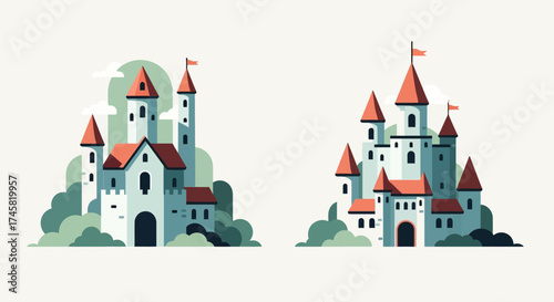 Two Cartoon Castles with Towers and Flags on a White Background.