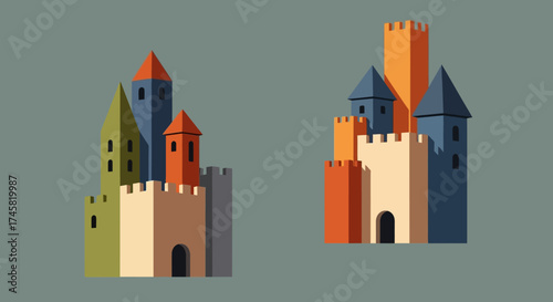 Two colorful medieval castles in a flat geometric vector style.