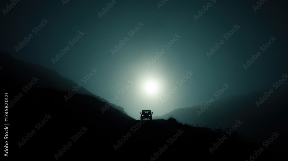 Fototapeta premium Minimal dark cinematic tone. Silhouette on a mountain ridge (sun behind), or off-road car headlights through light fog