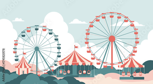 Two Ferris wheels and circus tents at a carnival or amusement park.