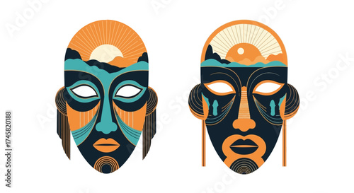 Two stylized tribal masks with a scenic landscape double exposure.