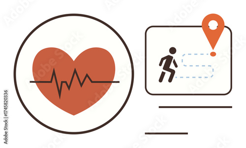 Heart graphic with heartbeat line paired with runner icon and navigation path marker. Ideal for health, fitness, activity tracking, cardio care, wellness apps, training, healthcare. Simple flat