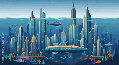 Underwater city with futuristic buildings and submarines in deep ocean.