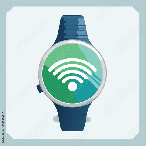 A blue smartwatch with a green screen displaying a white Wi-Fi symbol.