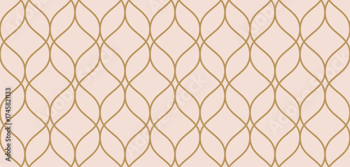 Luxury vector seamless pattern in oriental style. Golden delicate mesh, grid, lattice, thin curved lines. Abstract geometric ornament. Gold and pink background texture. Elegant repeating geo design
