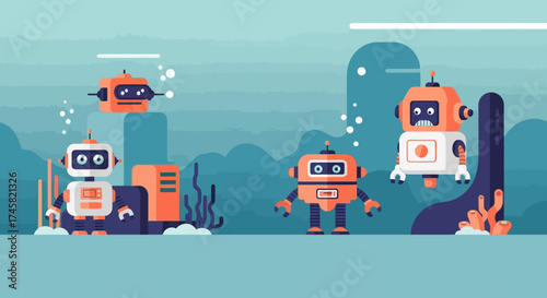 Underwater robots exploring the depths of the ocean with advanced technology.
