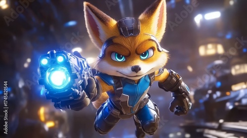 Dynamic fox character in futuristic armor wielding a glowing weapon in an action-packed scene