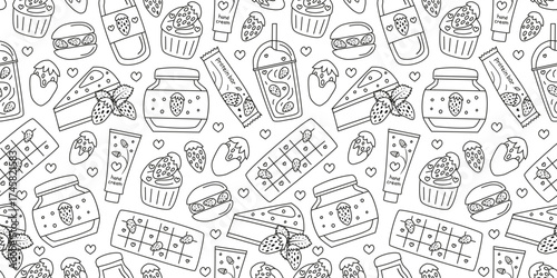 Black and white seamless pattern with cute hand drawn outline strawberry desserts and items. Background strawberry cheesecake, protein bar, glazed chocolate berries, macaroon, cupcake, milkshake, etc.
