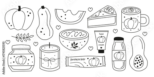 Set of cute hand drawn outline pumpkin seasonal autumn food and icons isolated on white background. Pumpkin soup, protein bar, hand cream, candle, jam, latte, juice, pie, butternut.