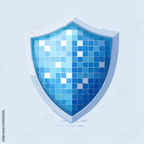 A digital shield icon, representing security and protection, with a mosaic-like pattern.