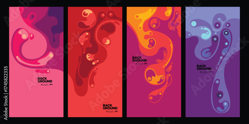 Four vertical panels featuring abstract figures in vibrant red orange and purple hues isolated on transparent background