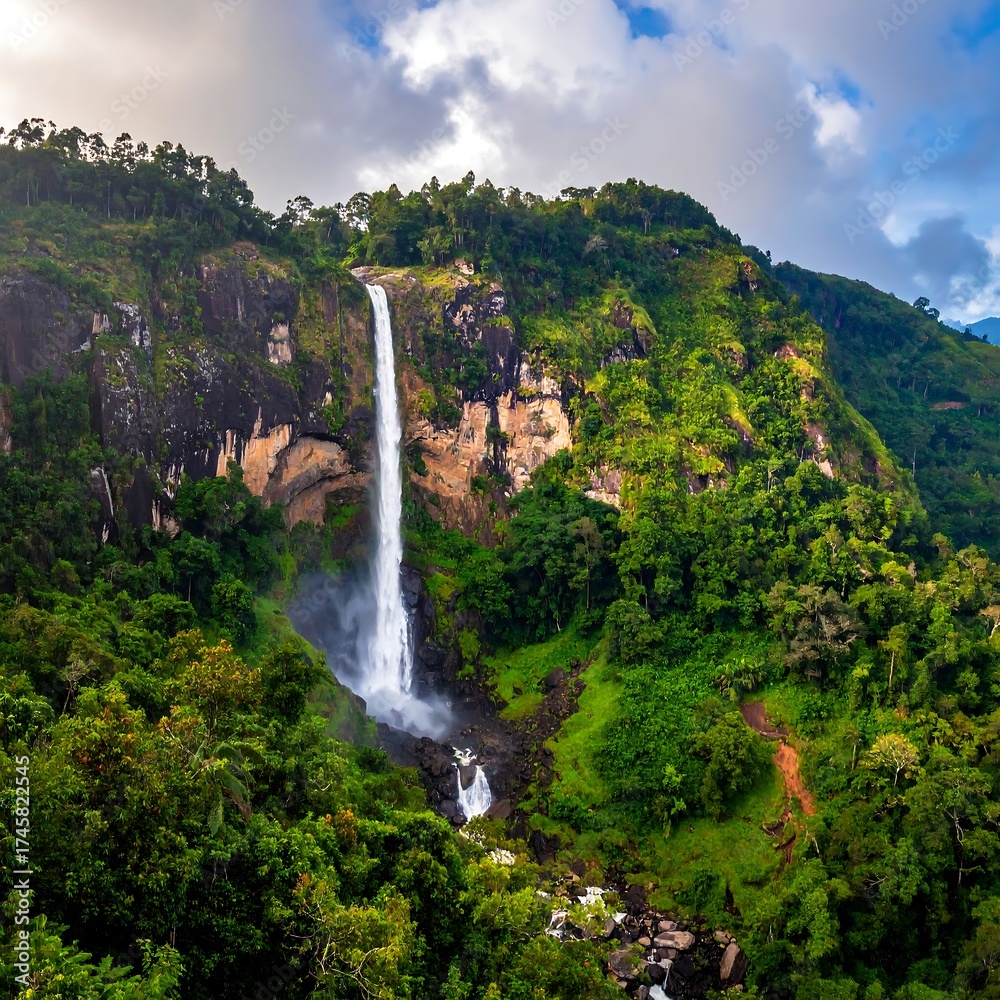 Obraz premium Majestic waterfall cascading down a dramatic mountainside, surrounded by lush greenery