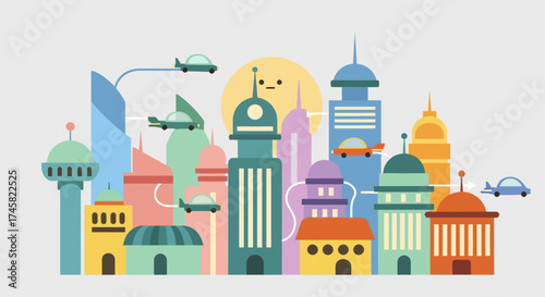 Vibrant Cityscape with Modern and Futuristic Buildings and Flying Cars.