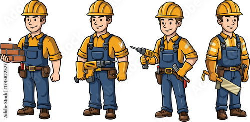 Cartoon construction workers, safety gear, masonry, drilling, carpentry, mechanical tools, teamwork, character design, vector illustration, jobsite, skilled trades