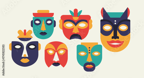 Vibrant collection of stylized ethnic tribal masks vector art.