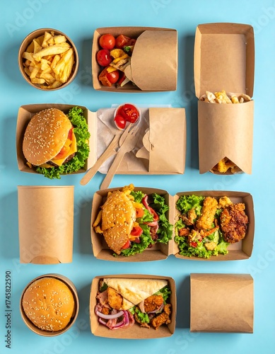 Assorted takeaway food in kraft paper containers on a light blue background.  Various types of burgers, fries, chicken, and a salad are visible