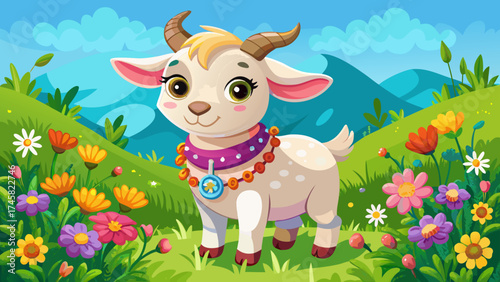 Very beautiful A charming baby goat adorned with a floral collar stands joyfully in a vibrant meadow, surrounded by colorful wildflowers under a clear blue sky, Ideal for nature-themed projects, child