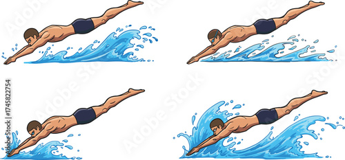 Cartoon diving sequence, water splash, swim trunks, athletic pose, motion stages, sport action, vector illustration, pool entry, dynamic movement