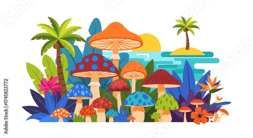 Vibrant Fantasy Mushroom Forest with Tropical Flora.
