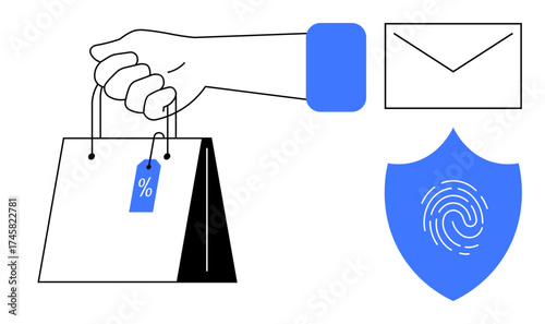 Hand holding shopping bag with discount tag, envelope symbolizing communication, shield with fingerprint for security. Ideal for e-commerce, cybersecurity, marketing, communication, shopping